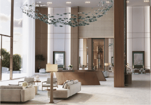 Interior view of a living and dining area in Yachtside Marina Residences with large windows and ocean view