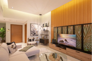 Interior view of a living and dining area in Yachtside Marina Residences with large windows and ocean view