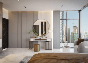 Interior view of a living and dining area in Yachtside Marina Residences with large windows and ocean view