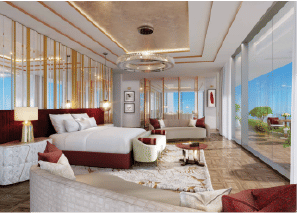 Interior view of a living and dining area in Yachtside Marina Residences with large windows and ocean view