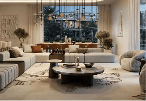 Interior view of a living and dining area in Yachtside Marina Residences with large windows and ocean view