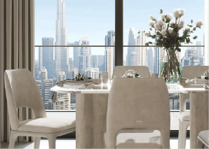 Interior view of a living and dining area in Yachtside Marina Residences with large windows and ocean view
