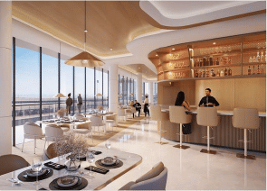 Interior view of a living and dining area in Yachtside Marina Residences with large windows and ocean view