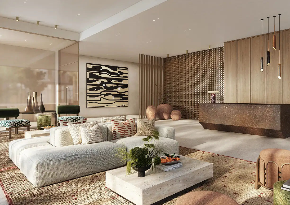 Interior view of a living and dining area in Yachtside Marina Residences with large windows and ocean view