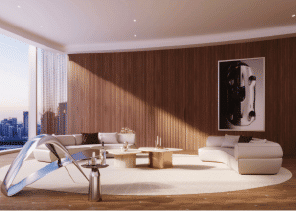 Interior view of a living and dining area in Yachtside Marina Residences with large windows and ocean view