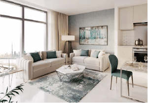 Interior view of a living and dining area in Yachtside Marina Residences with large windows and ocean view