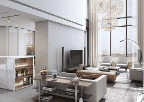 Interior view of a living and dining area in Yachtside Marina Residences with large windows and ocean view