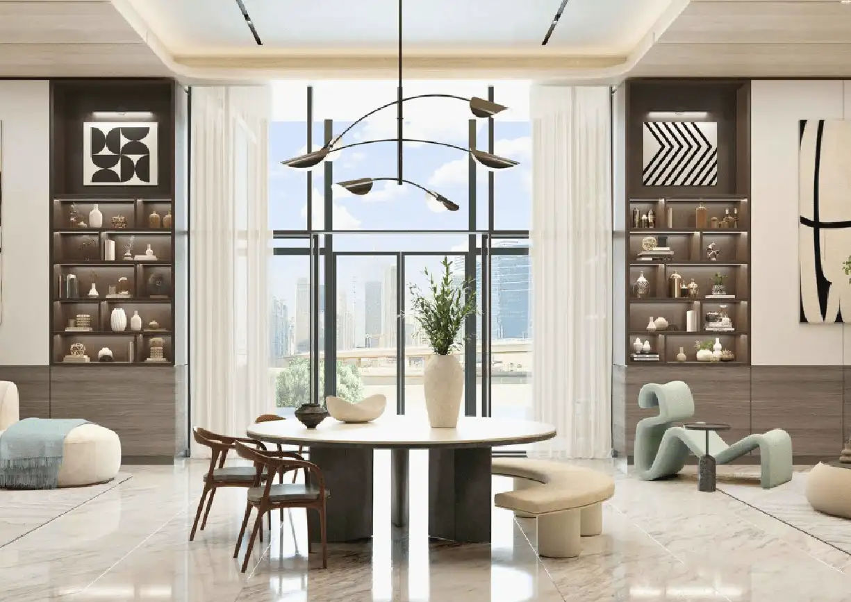 Interior view of a living and dining area in Yachtside Marina Residences with large windows and ocean view