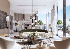 Interior view of a bedroom in Yachtside Marina Residences with large window and modern decor