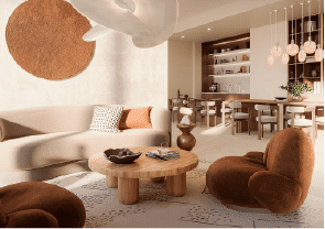 Interior view of a living and dining area in Yachtside Marina Residences with large windows and ocean view