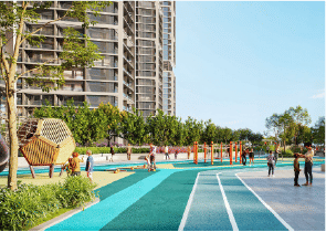 View of Yachtside Marina Residences at sunset with buildings, palm trees, and beach