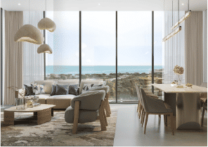 Interior view of a bedroom in Yachtside Marina Residences with large window and modern decor