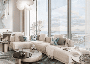 Interior view of a bedroom in Yachtside Marina Residences with large window and modern decor