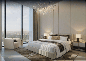 Interior view of a bedroom in Yachtside Marina Residences with large window and modern decor