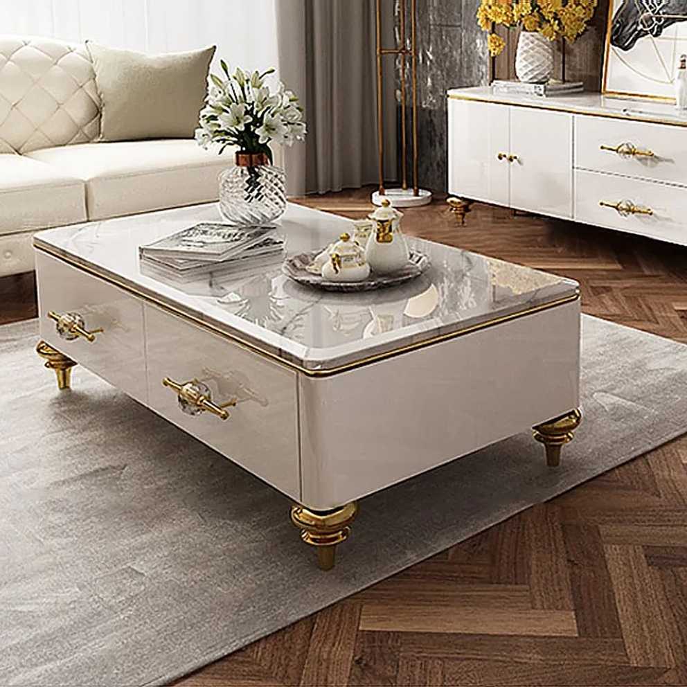 Chift 1300mm Modern Marble White Coffee Table & Storage Drawers Gold  Stainless Steel Leg Homary With Regard To White Storage Coffee Tables (Gallery 10 of 20)