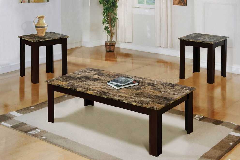 Faux Marble Top Modern 3pc Coffee Table Set W/brown Wood Base Pertaining To Faux Marble Top Coffee Tables (Gallery 1 of 20)
