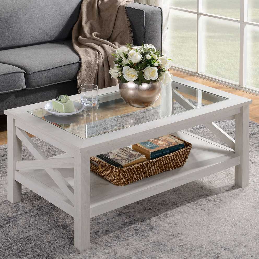 Gracie Oaks Espinet Traditional Coffee Table With Wood Frame, Tempered Glass  Tabletop And Underneath Storage Shelf, White Oak & Reviews | Wayfair In Tempered Glass Top Coffee Tables (Gallery 3 of 20)