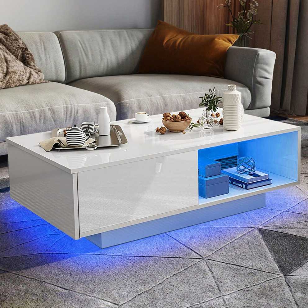 High Gloss Coffee Table With Storage Drawers Rgb Led Modern Living Room  Wooden | Ebay With Regard To High Gloss Coffee Tables (Gallery 18 of 20)