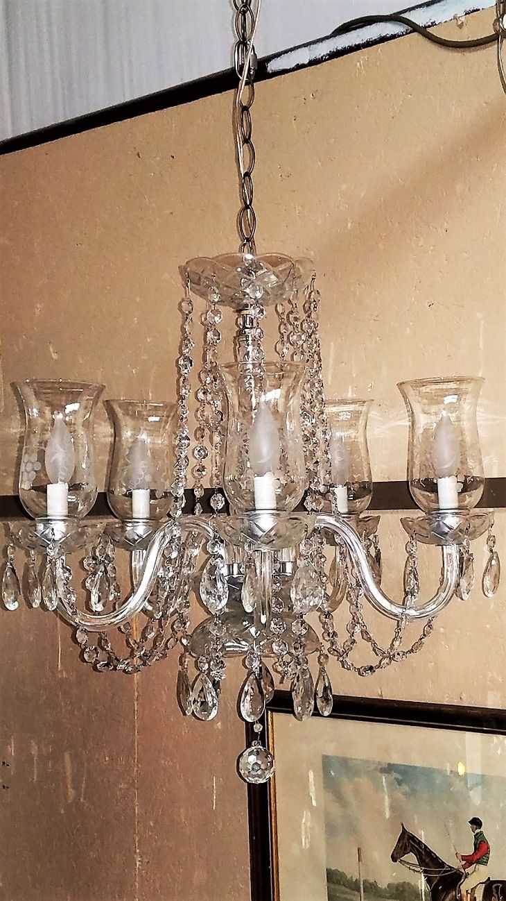 Etched Hurricane Shade Crystal 5 Arm Chandelier – Rockwell For Most Current Thresa 5 Light Shaded Chandeliers (Photo 10 of 25)