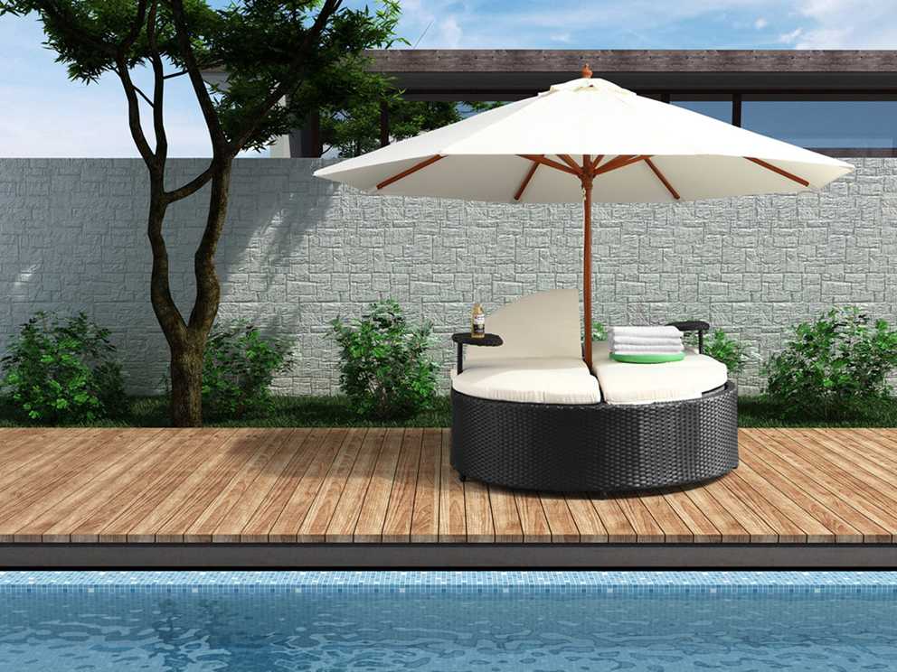 Romantic Zuo Modern Outdoor Design Idea With Round Black Lounge Chair With White Seat Cushion And White Umbrella Interesting Zuo Modern Outdoor Design Ideas (Photo 8 of 39)