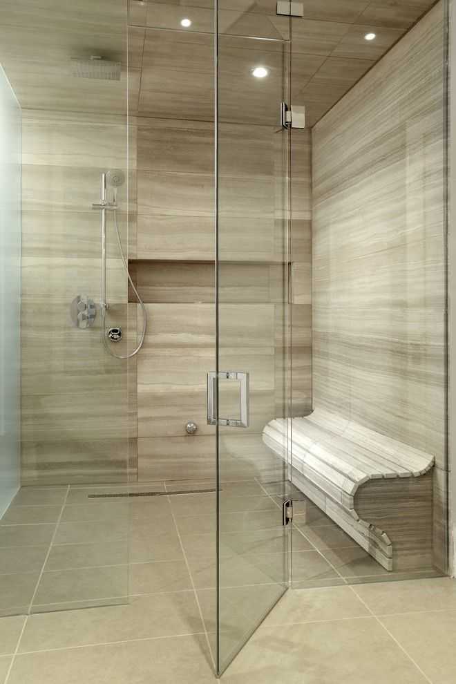 Trendy Modern Walk In Shower Design With Beige Tile And Porcelain Tile With Beige Walls And Travertine Floors (Photo 15 of 22)