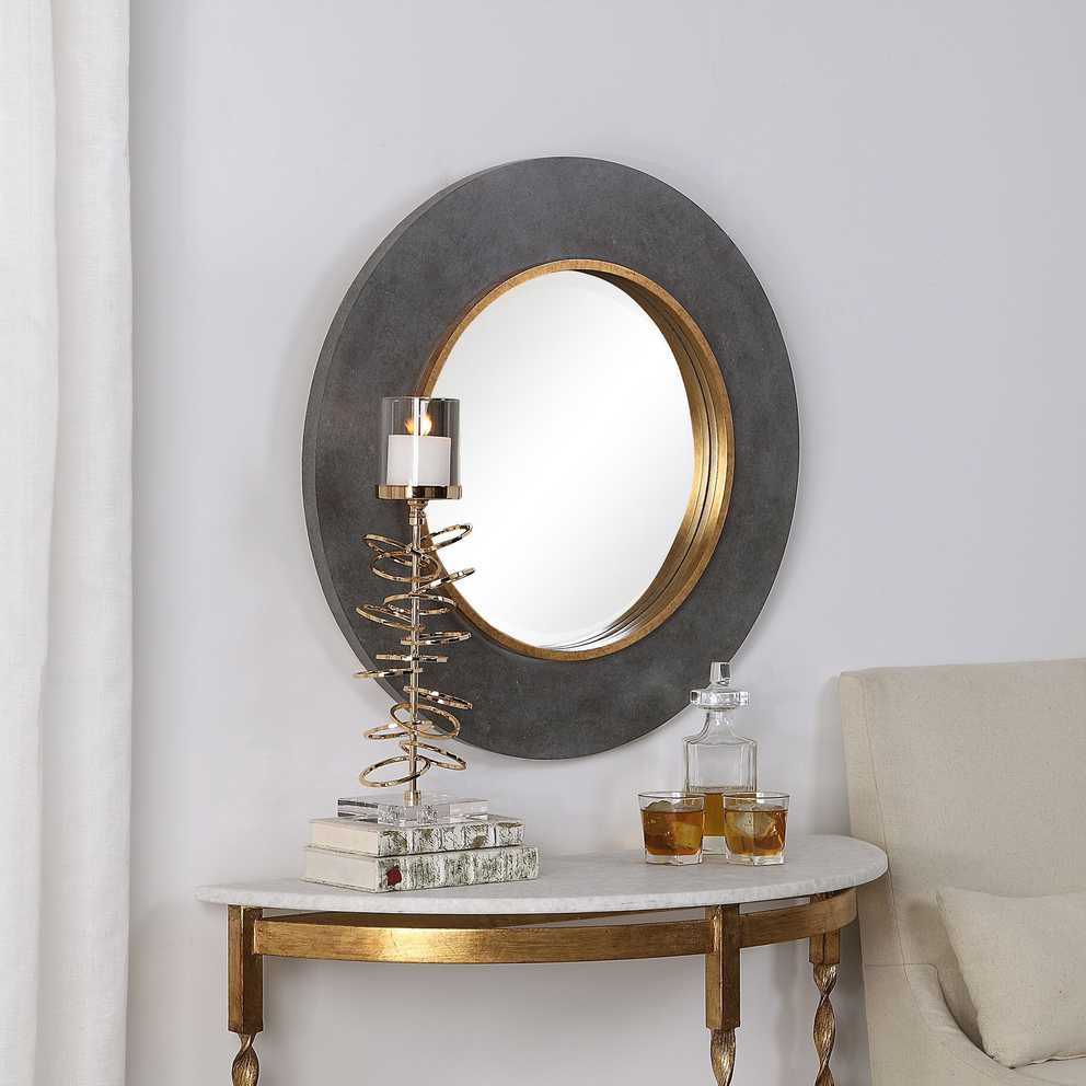 Large Round Wood Beveled Wall Mirror Contemporary Charcoal Concrete Regarding Round Grid Wall Mirrors (Photo 4 of 15)