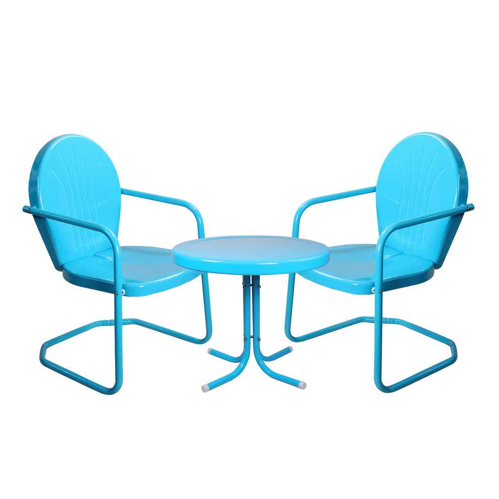 3 Piece Retro Metal Tulip Chairs And Side Table Outdoor Set, Turquoise Throughout Blue 3 Piece Outdoor Seating Sets (Photo 12 of 15)