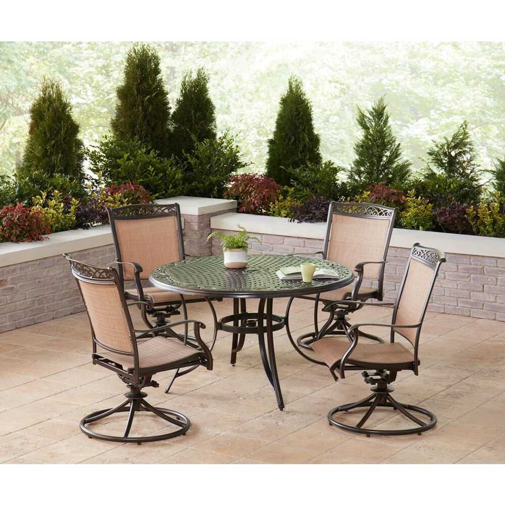 Hanover Fontana 5 Piece Outdoor Dining Set With 4 Sling Swivel Rockers Throughout 5 Piece Outdoor Bench Dining Sets (Photo 7 of 15)