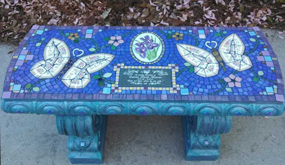 Mosaic Memorial Garden Bench Of Lauren'S Butterflieswater'S End With Regard To Dragonfly Mosaic Outdoor Accent Tables (Photo 6 of 15)