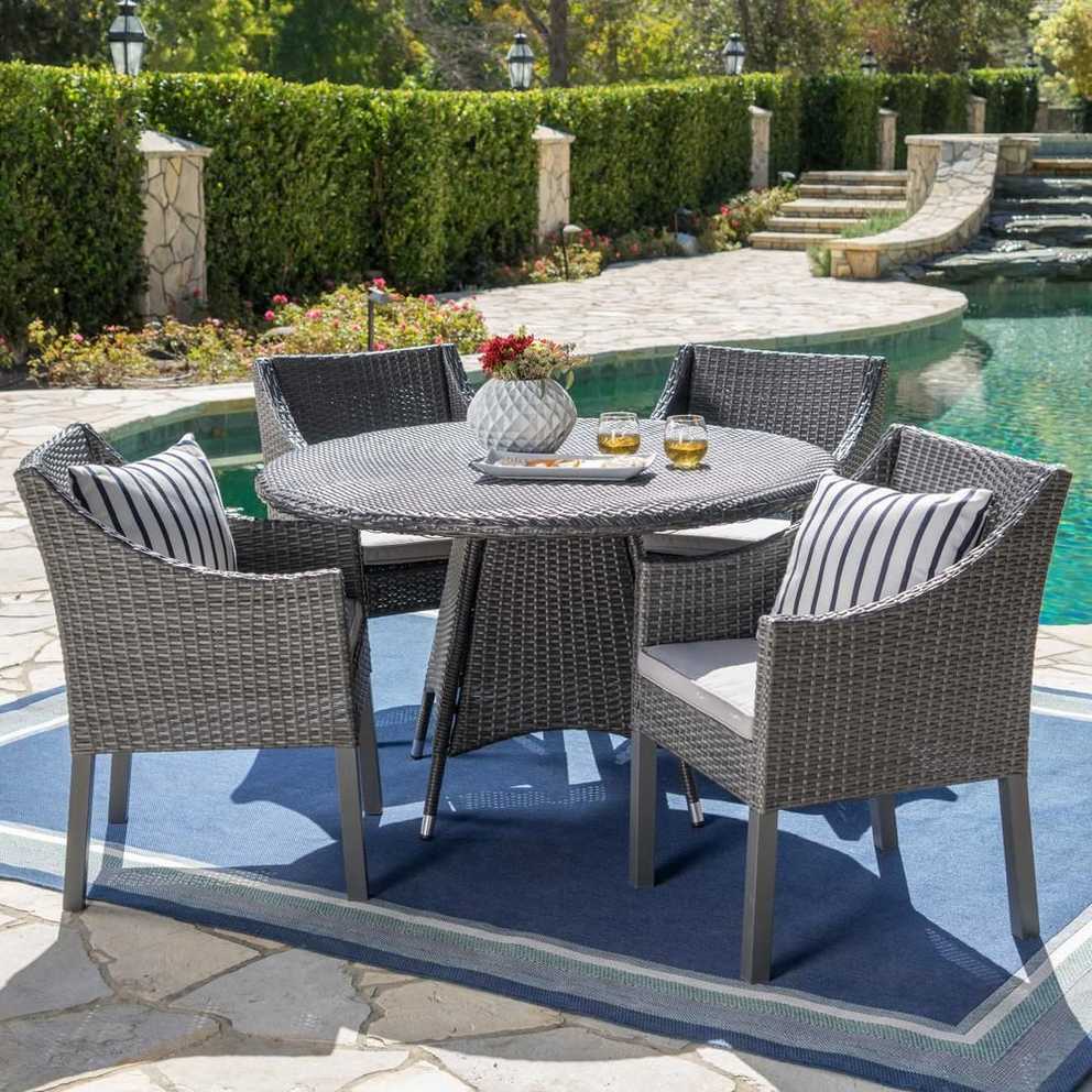 Noble House Gray 5 Piece Wicker Round Outdoor Dining Set With Silver Intended For 5 Piece Outdoor Bench Dining Sets (Photo 6 of 15)