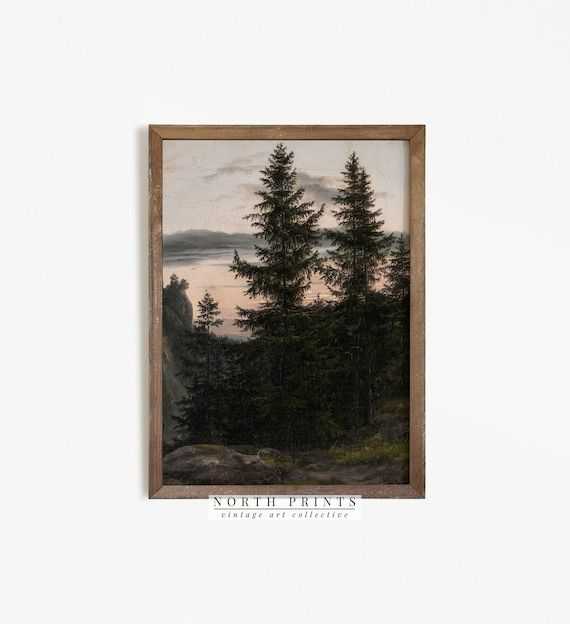 Rustic Vintage Forest Oil Painting Pine Tree Moody Wall Art – Etsy Italia In Pine Forest Wall Art (Photo 3 of 15)