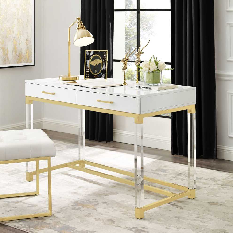 Inspiration about Inspired Home Alena Writing Desk – 2 Drawers High Gloss Acrylic Legs Pertaining To White Wood Modern Writing Desks (#5 of 15)