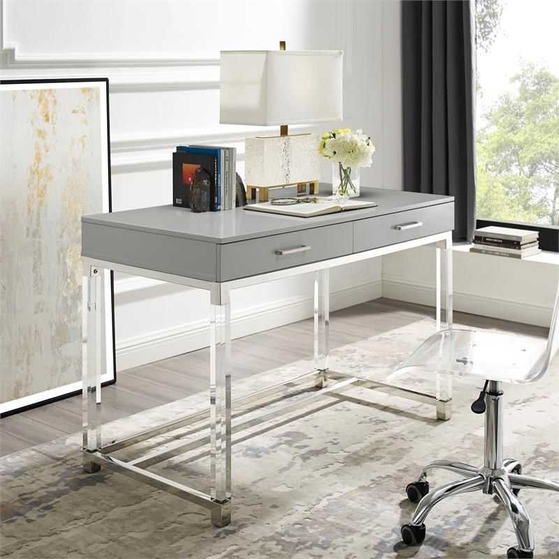 Inspiration about Posh Briar 2 Drawer Metal Writing Desk With Acrylic Legs In Light Gray Regarding White Wood Modern Writing Desks (#7 of 15)
