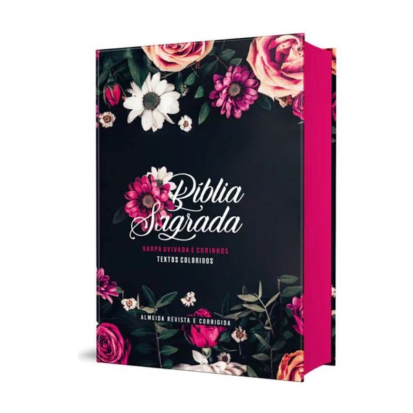 Foto Bíblia ARC Capa Dura Letra Grande Com Harpa - Textos Coloridos - Floral Pink