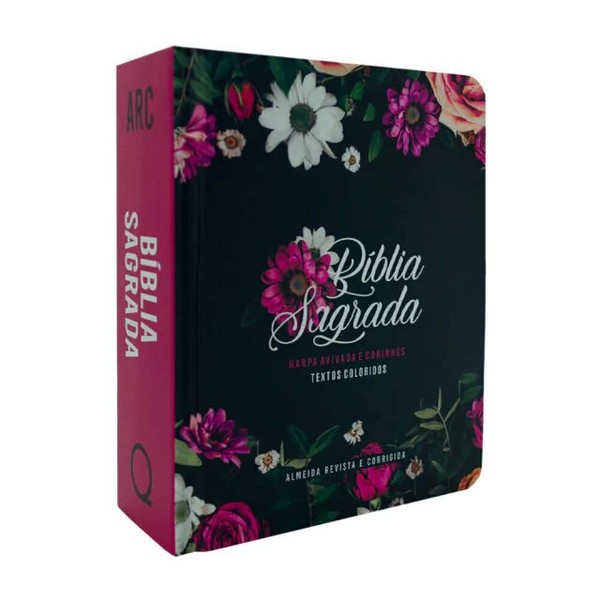 Foto Bíblia ARC Capa Dura Letra Grande Com Harpa - Textos Coloridos - Floral Pink