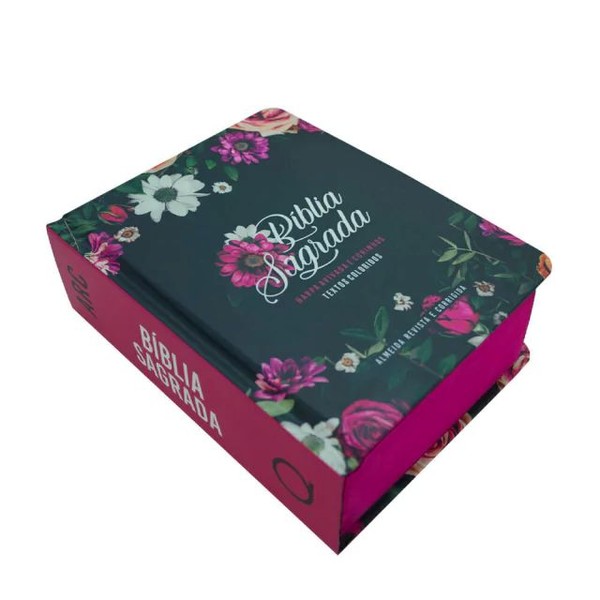 Foto Bíblia ARC Capa Dura Letra Grande Com Harpa - Textos Coloridos - Floral Pink