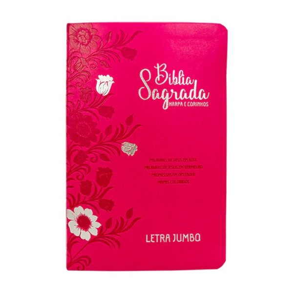 Foto Bíblia Sagrada ARC | Letra Jumbo Com Harpa e Corinhos | Full Color Floral Pink