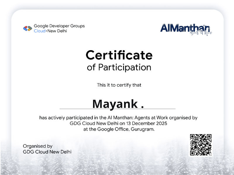 GDG Cloud New Delhi AI Manthan participation certificate thumbnail
