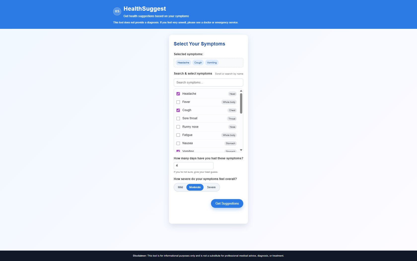 HealthSuggest homepage preview