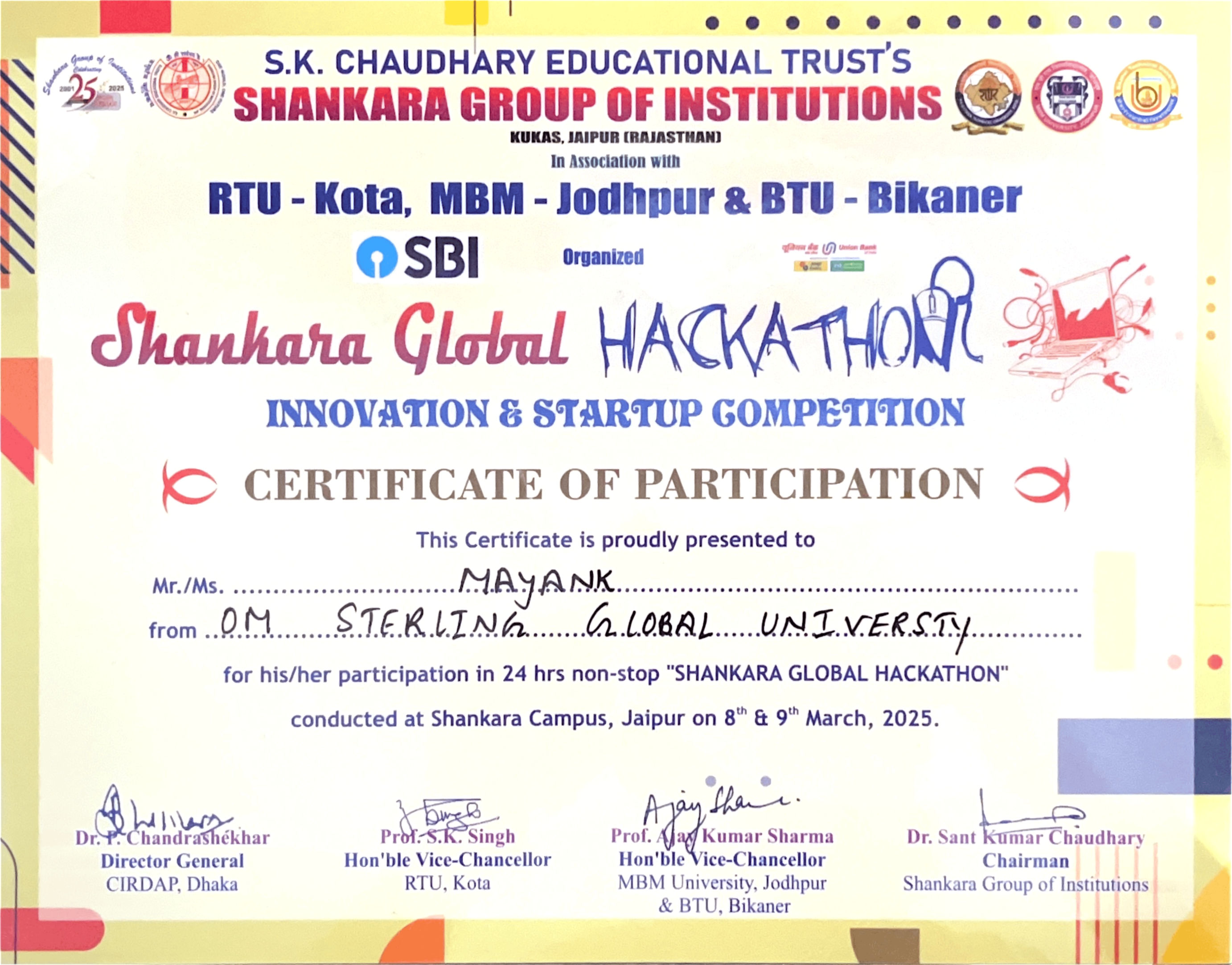 Shankara Global Hackathon participation certificate thumbnail