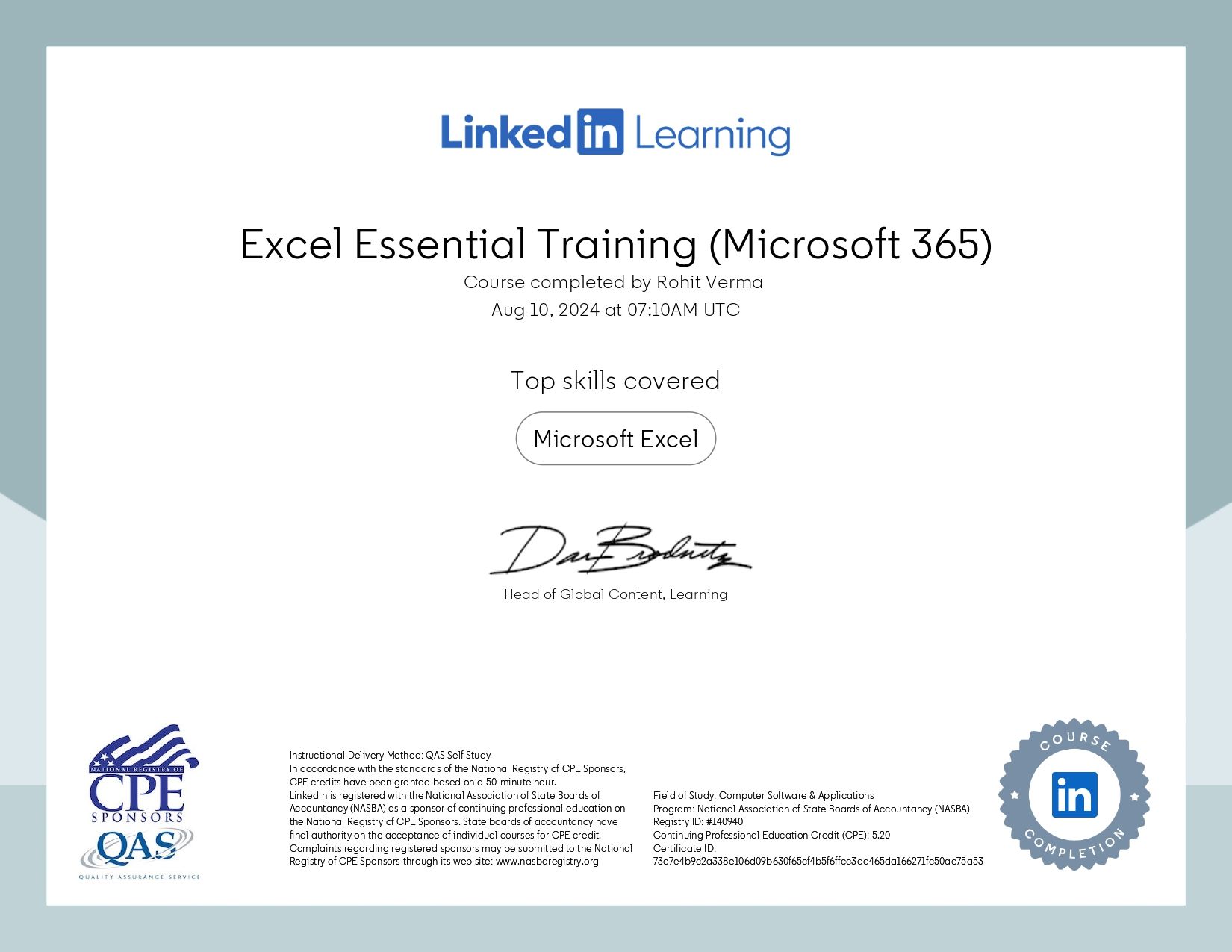 LinkedIn Learning Excel Essential Training certificate thumbnail