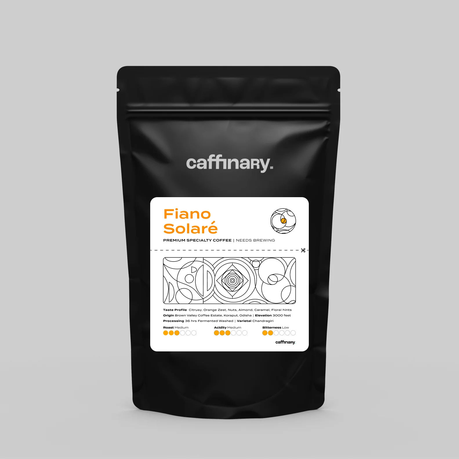 Caffinary coffee package with 'Fiano Solare' label on a gray background