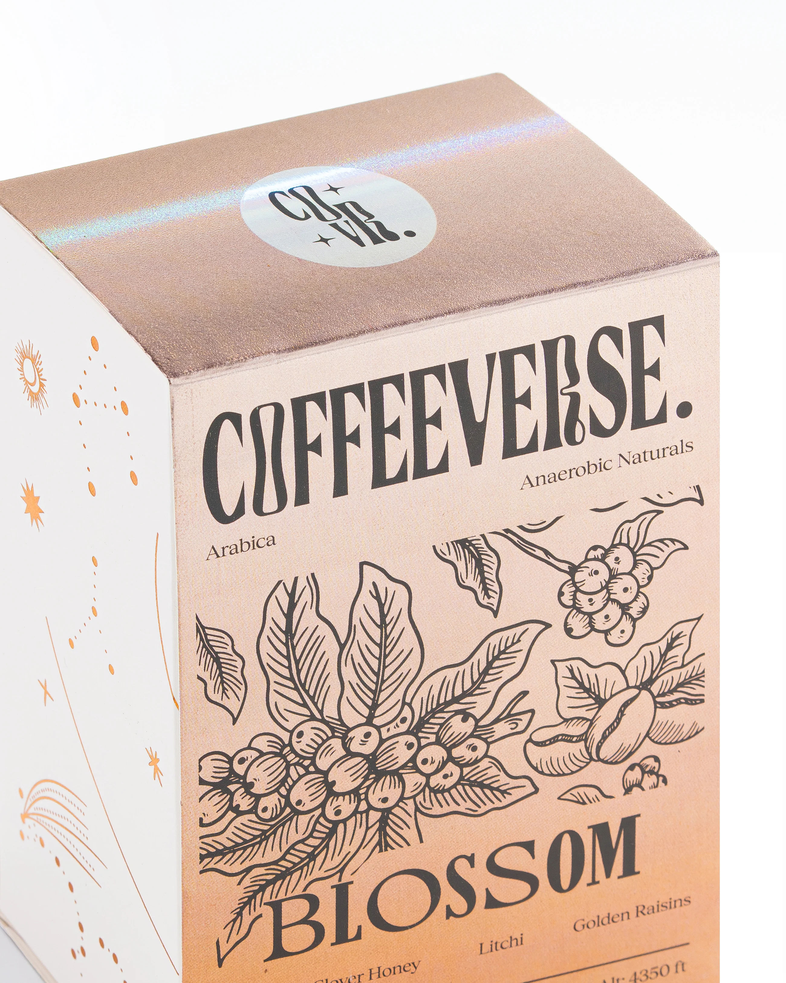 Blossom Naturals coffee packaging showcasing anaerobic processed Arabica beans.
