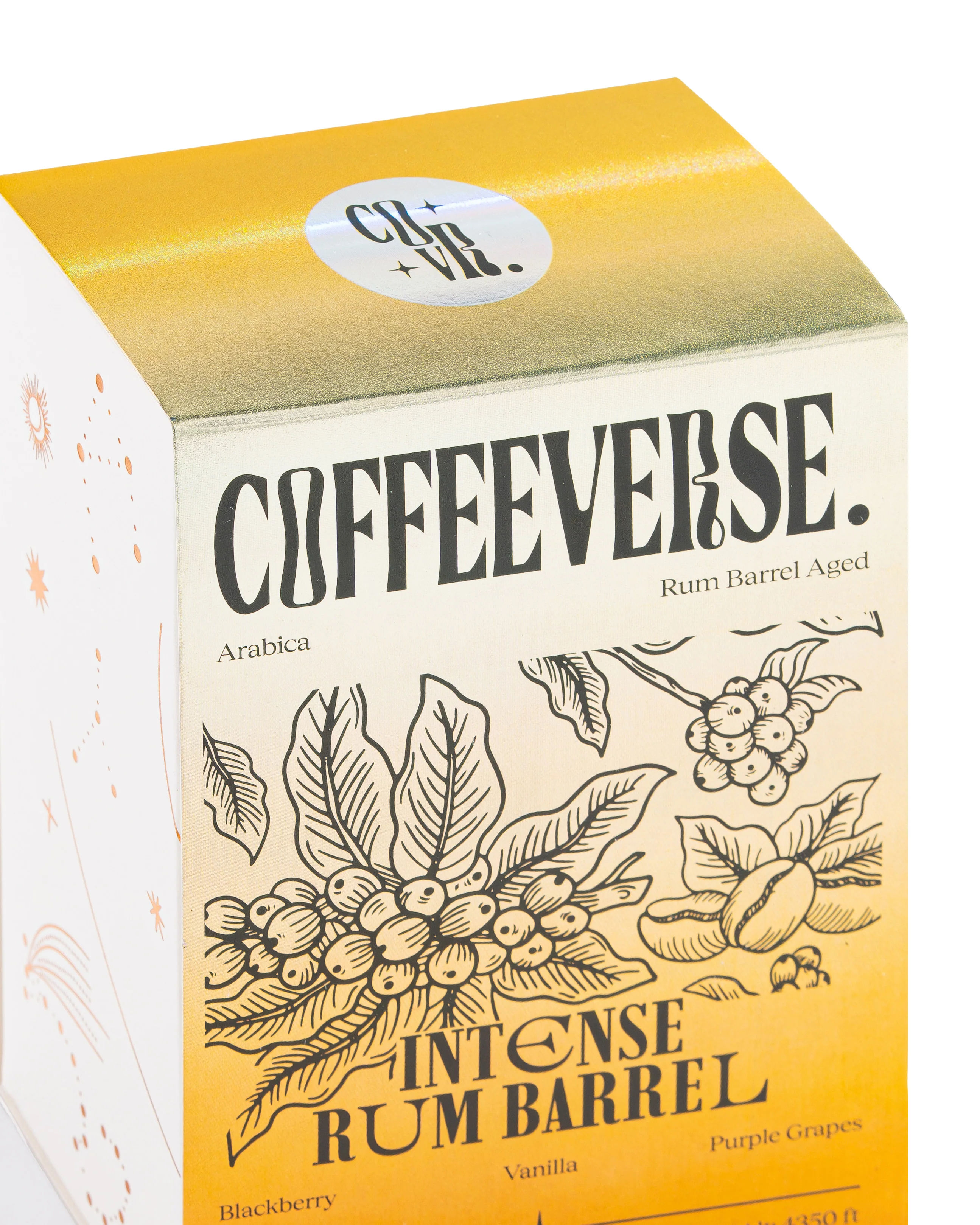 Packaging of Intense Rum Barrel coffee, showcasing flavors such as blackberry, vanilla, and purple grapes.