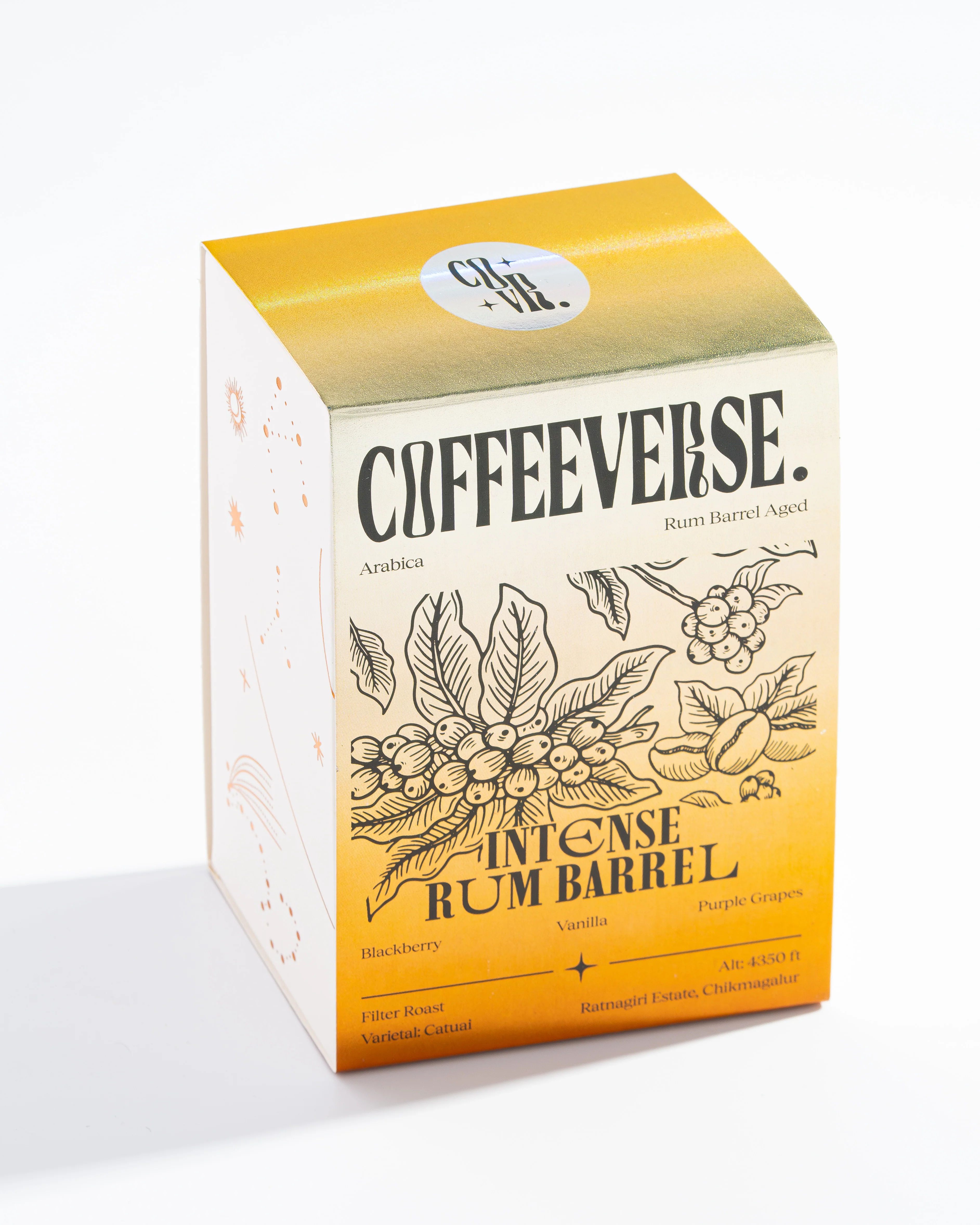 Packaging of Intense Rum Barrel coffee featuring uniqueness and vibrant design.