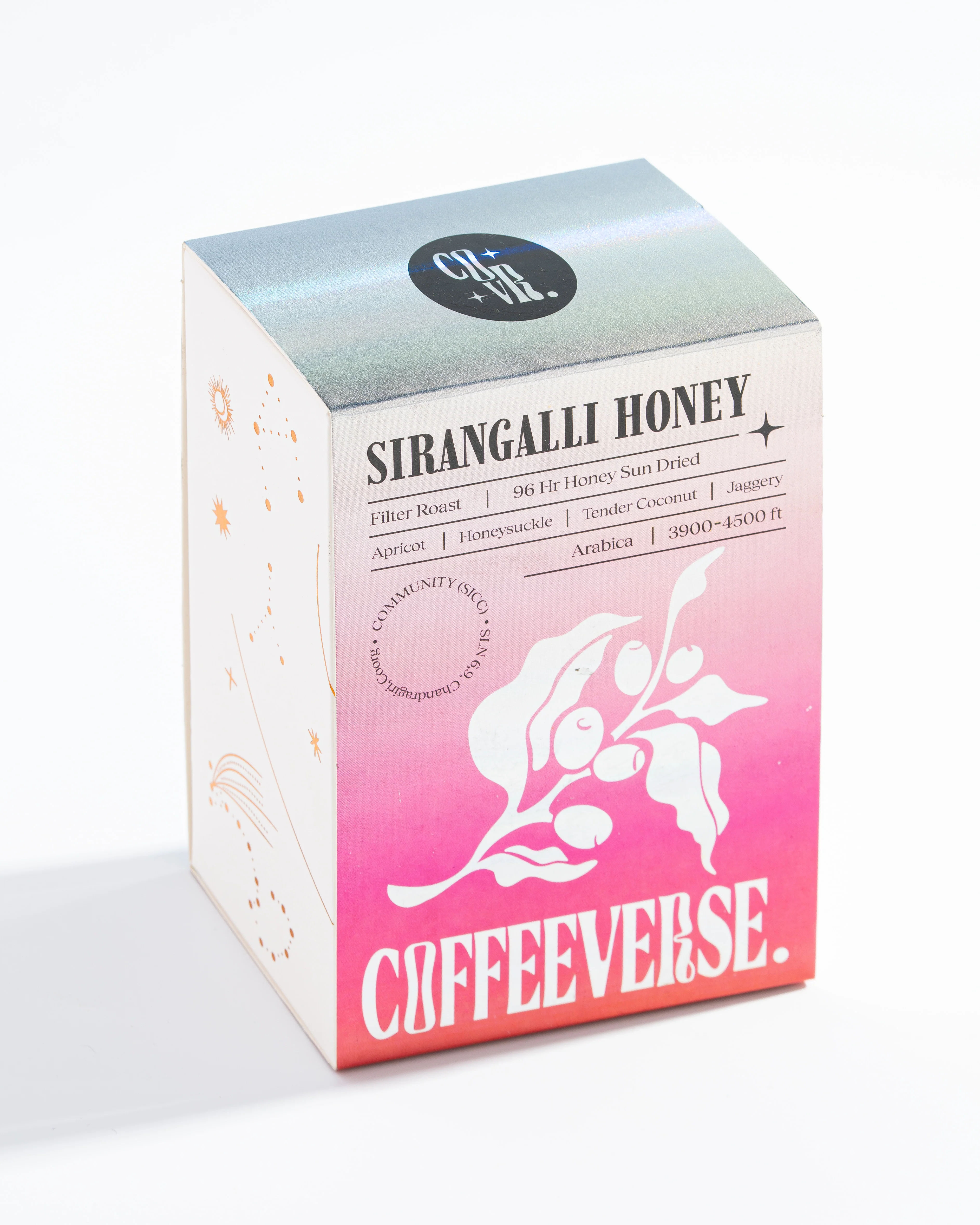 Sirangalli Honey coffee packaging featuring sun-dried filter roast with fruity notes and smooth finish.