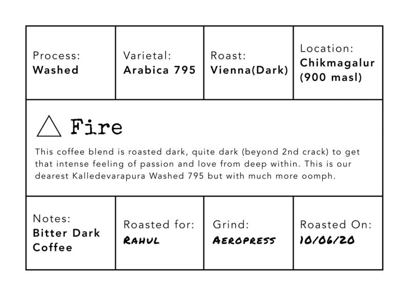 Fire (Vienna Roast) — roasted dark, quite dark (beyond 2nd crack) roast Arabica coffee from Chikmagalur