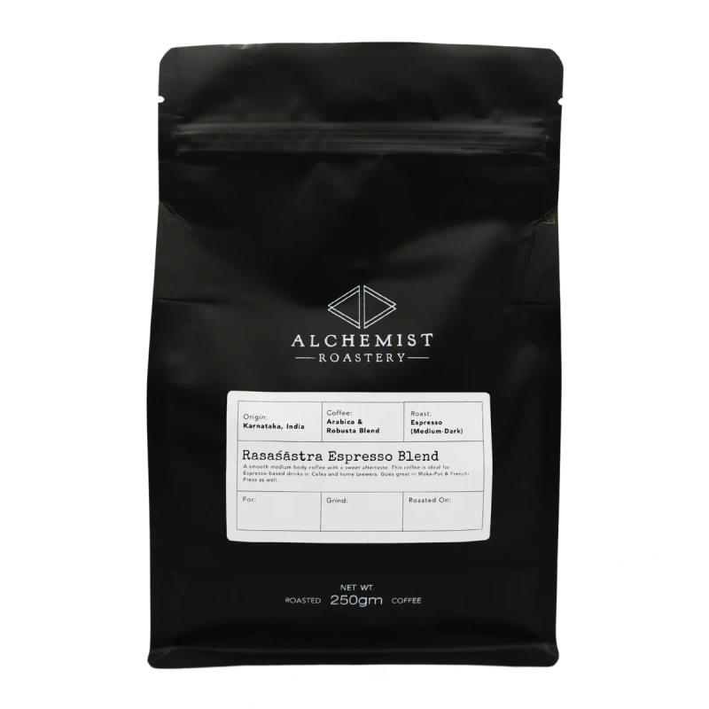 Rasaśāstra Espresso — medium_dark roast 70% Arabica, 30% Robusta coffee