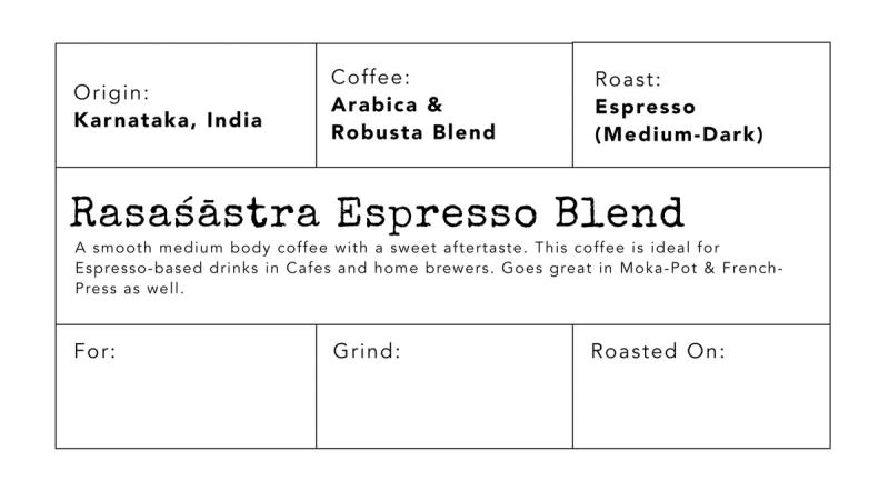 Rasaśāstra Espresso — medium_dark roast 70% Arabica, 30% Robusta coffee