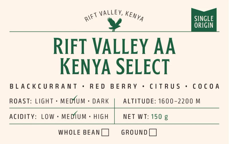 Rift Valley AA - Kenya Select (Medium-Dark Roast) — Medium-Dark roast Arabica coffee from Rift Valley, Kenya